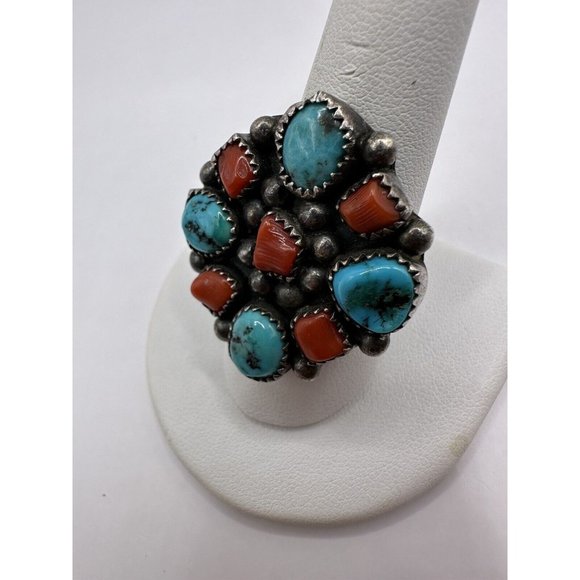 VINTAGE NATIVE AMERICAN RUNNING BEAR TURQUOISE & CORAL SIGNED RING SZ 9 - Picture 1 of 7